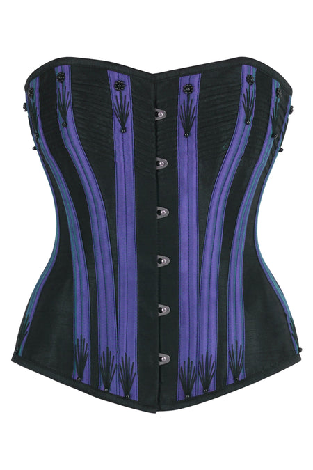 Black Overbust Corset with Purple Boning Channels and Flossing