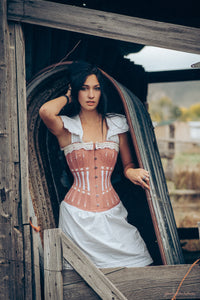 Historically Inspired Terracotta Longline Corset with Lace and Ribbing
