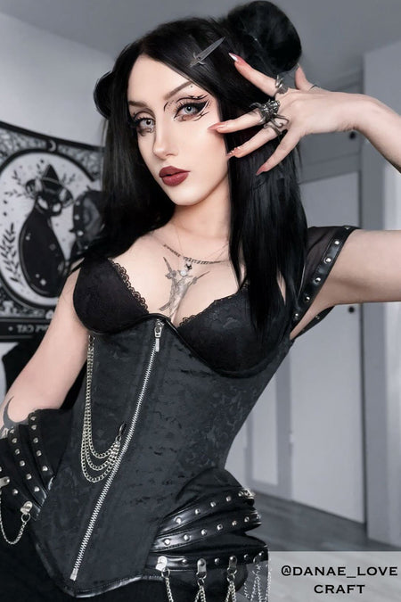 High Backed Black Satin Underbust Corset with Chains