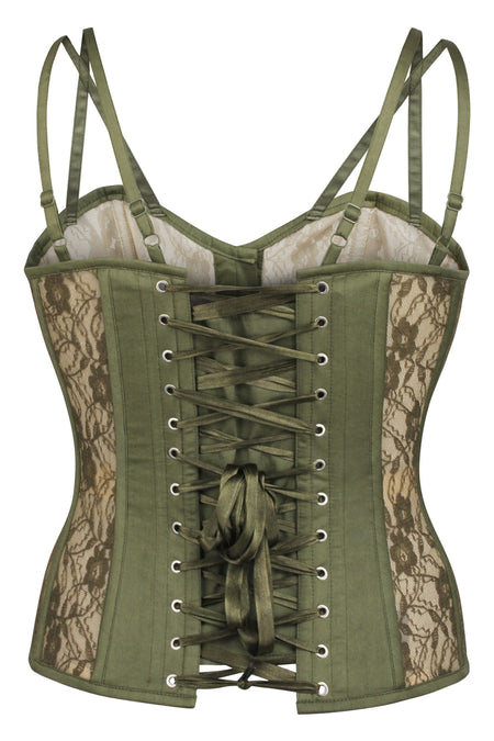Clementine Capulate Olive Cotton Satin and Lace Overbust Corset with Spaghetti Straps