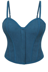 Dorothea Corsair Blue Viscose and Lace Cropped Overbust Corset with Spaghetti Straps
