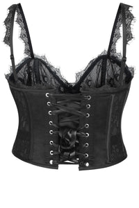 Dorothea Black Satin and Lace Cropped Overbust Corset with Spaghetti Straps