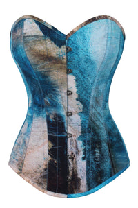 Corset Story MY-604 Abstract Brushed Opal Blue and Sand Longline Overbust Corset