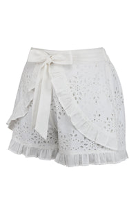 Corset Story SC-106 Daisy White Broderie Anglaise Cotton Shorts With Frill Edge and Self Tie Belt