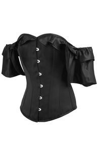 Black Satin Corset Top with off the Shoulder Frilled Sleeves